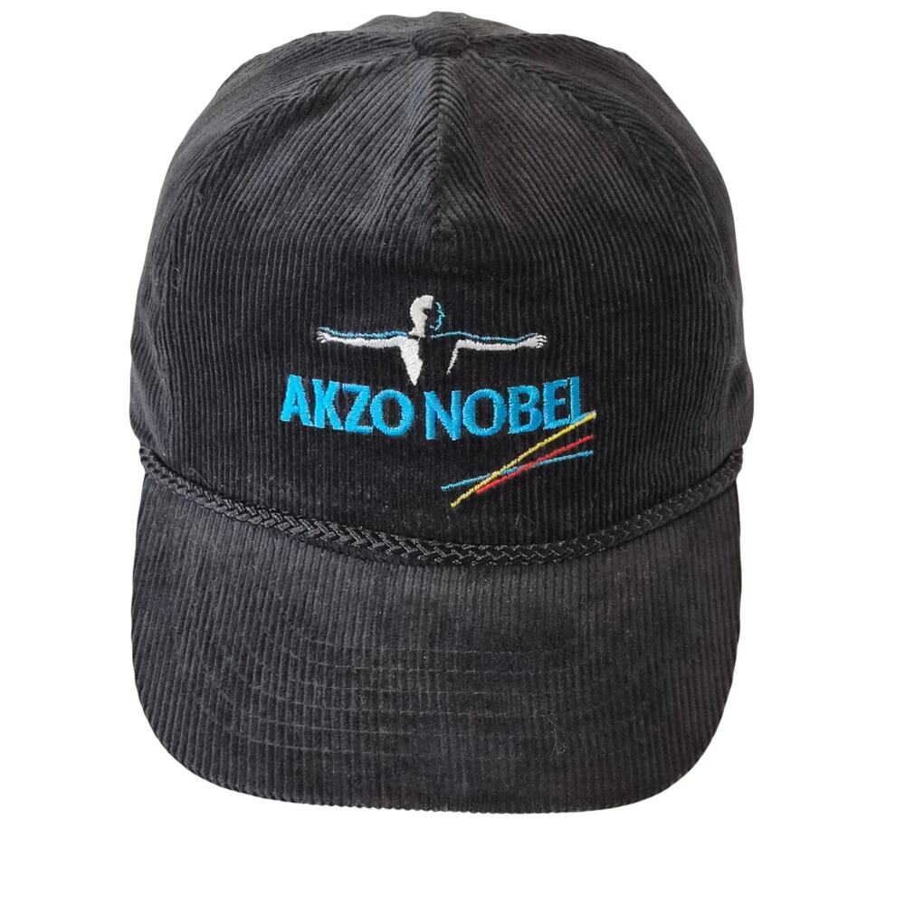 Vintage Akzo Nobel Corduroy Hat Snapback Cap Black Rope Trucker